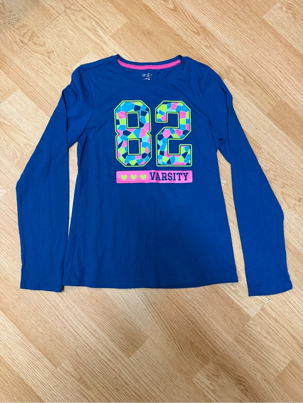 Danskin Now 82 Varsity Graphic Long Sleeve Tee Girls L 10-12 Blue Pink